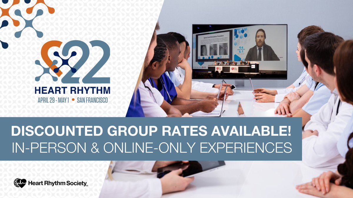 HRSonline's tweet photo. Have a group of 10+ interested in attending #HRS2022? Contact registration@hrsonline.org to enjoy registration discounts:
- 5-10% off In-Person
- 10-20% off Online-Only
LEARN MORE > https://t.co/jcDydn9btL
#EPeeps #globalEP #cardiotwitter #grouprate https://t.co/4qWwapmHHd
