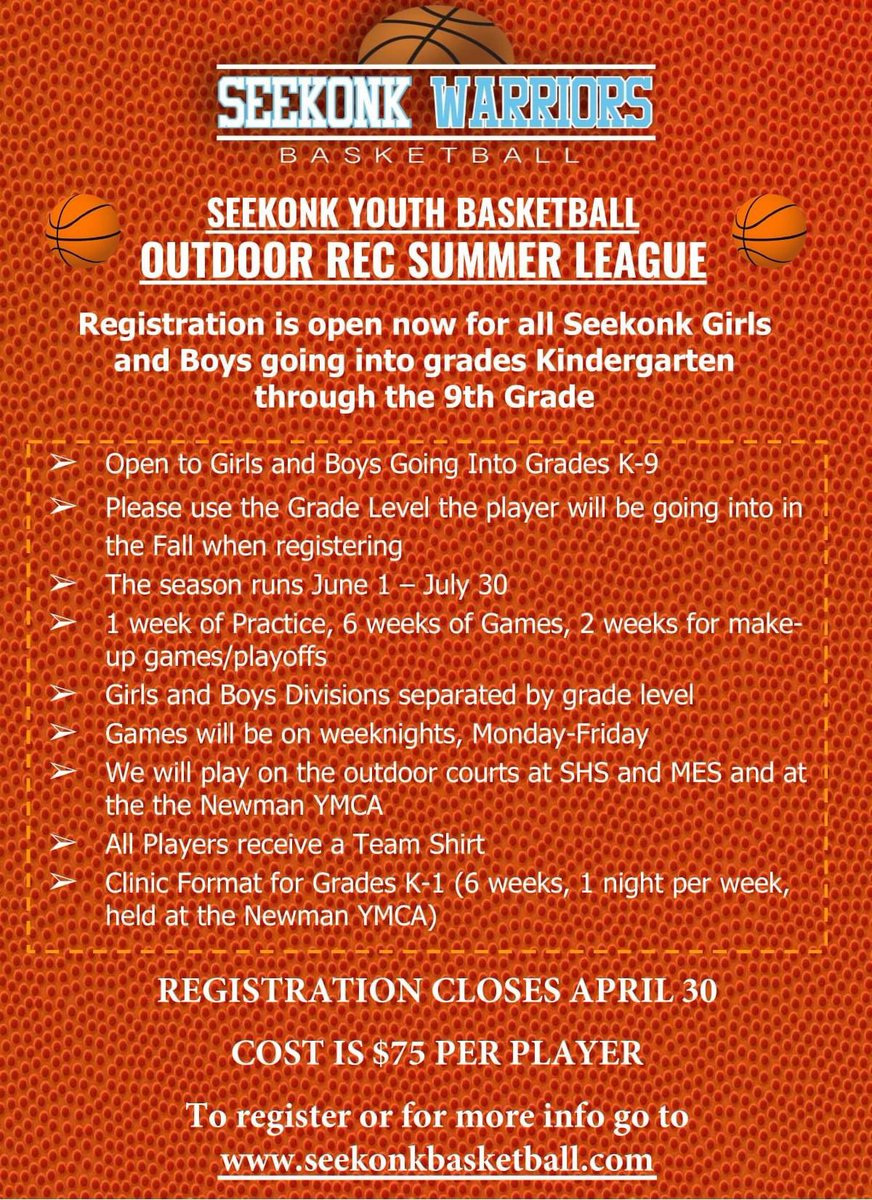 We are excited to announce the Seekonk Youth Basketball Outdoor Rec Summer League is back this upcoming June and July! Registration is open now for all girls and boys going into grades Kindergarten - 9th grade. Go to seekonkbasketball.com to resister or for more details.