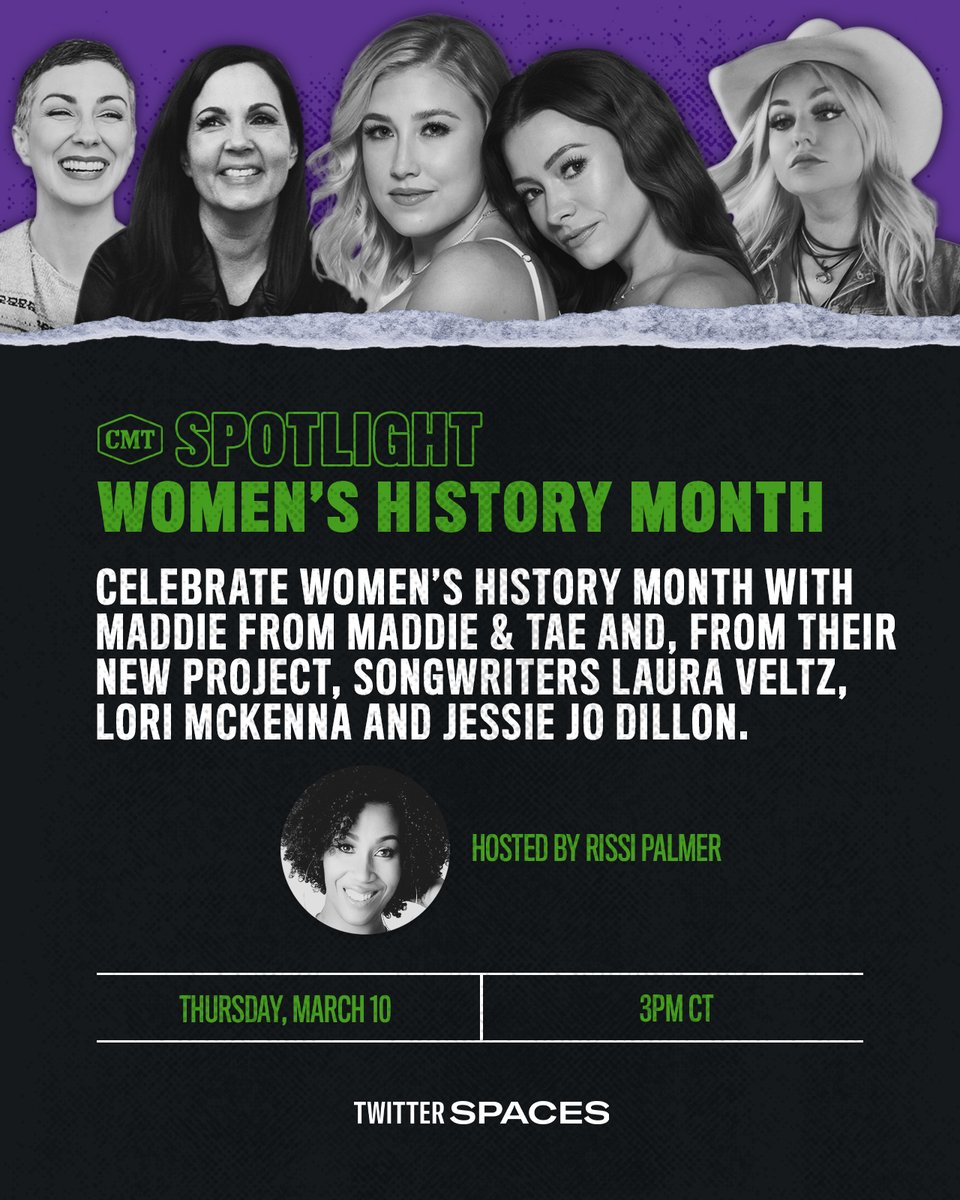 Join me and some of my favorite women this afternoon on @TwitterSpaces as we celebrate Women's History Month and @MaddieandTae's new project with @CMT! It's going to be a conversation you won't want to miss. Join us at 4pmET/3pmCT today > bit.ly/35Lia4w