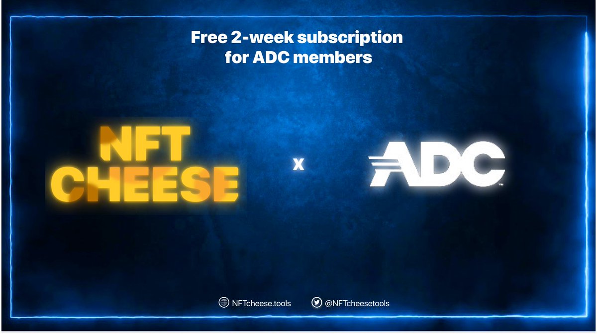 NFTcheesetools's tweet photo. NFT Cheese x @ADC_global 

Members ADC community have 24 hours to submit their wallet to receive NFT Cheese access for free for 2 weeks

Steps to participate:
1. Like this post 💪
2. Retweet this + tag a friend 🤯
3. Join NFT Cheese discord and say: HI
4. Verify with your admin⚡️ https://t.co/NU8J9RHwAn