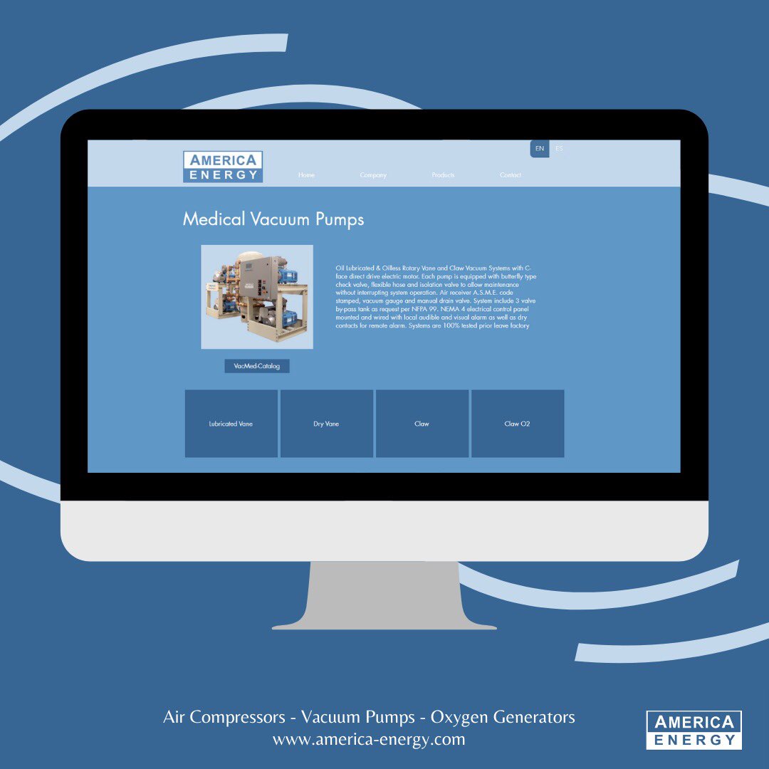 Visit our renewed website! Navigate the different categories of Medical Vacuum Pumps and each of their models by clicking the sections. Access this page by entering america-energy.com/medical-vacuum or by going to america-energy.com > Products > Medical > Medical Vacuum Pumps
