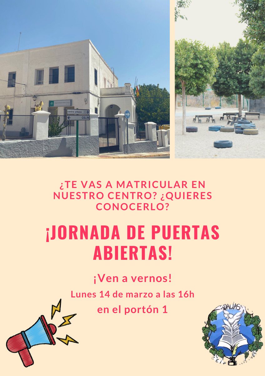 🏫📢JORNADA DE PUERTAS ABIERTAS📚🎒¿Te vas a matricular en nuestro Centro🏫? ¡VEN A VERNOS!👩‍🎓🧑‍🎓🗓️👉Lunes 14 de marzo ⏰a las 16:00 🥰¡TE ESPERAMOS!🤗<a href="/fapacealmeria/">Fapace Almería</a> <a href="/AytoDalias/">Ayuntamiento de Dalías</a> <a href="/eduKalmeria/">ᴇᴅᴜKᴀʟᴍᴇʀɪ́ᴀ</a> <a href="/cepejido/">CEP El Ejido</a>