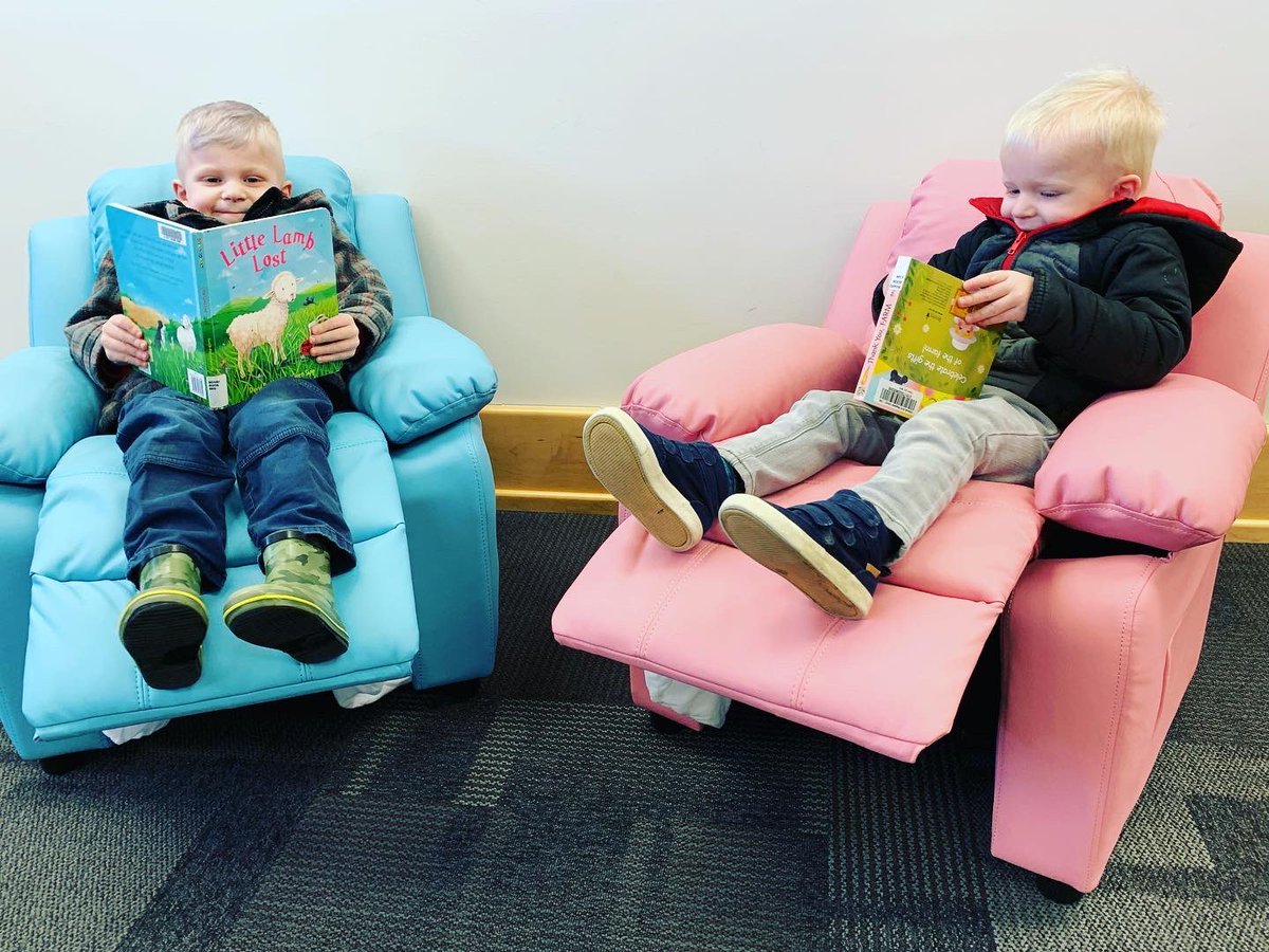 TaberLibrary's tweet photo. We received new chairs thanks to a local donation from UFA Taber. These adorable additions are part of our effort to revamp our kids area! The new recliners were kid tested and approved today 😃 Thanks Zeke &amp; Dwin! Come visit us today to cozy up and read! 
#TaberLibrary https://t.co/Up6KG0fZVC