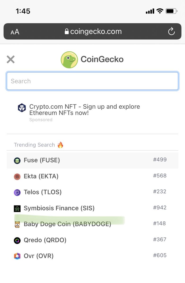 Ranked #148 and trending on <a href="/coingecko/">CoinGecko</a> 

#BabyDoge
 #BabyDogeArmy