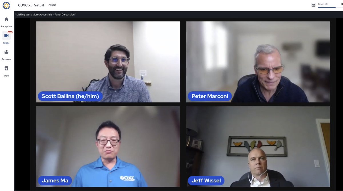 myCUGC's tweet photo. Now that we've re-centered, we welcome Scott Ballina, Jeff Wissel, Peter Marconi & @JamesWMa to the #myCUGC #VirtualXL stage for a panel discussion on workplace accessibility! https://t.co/89AXwAcFRN