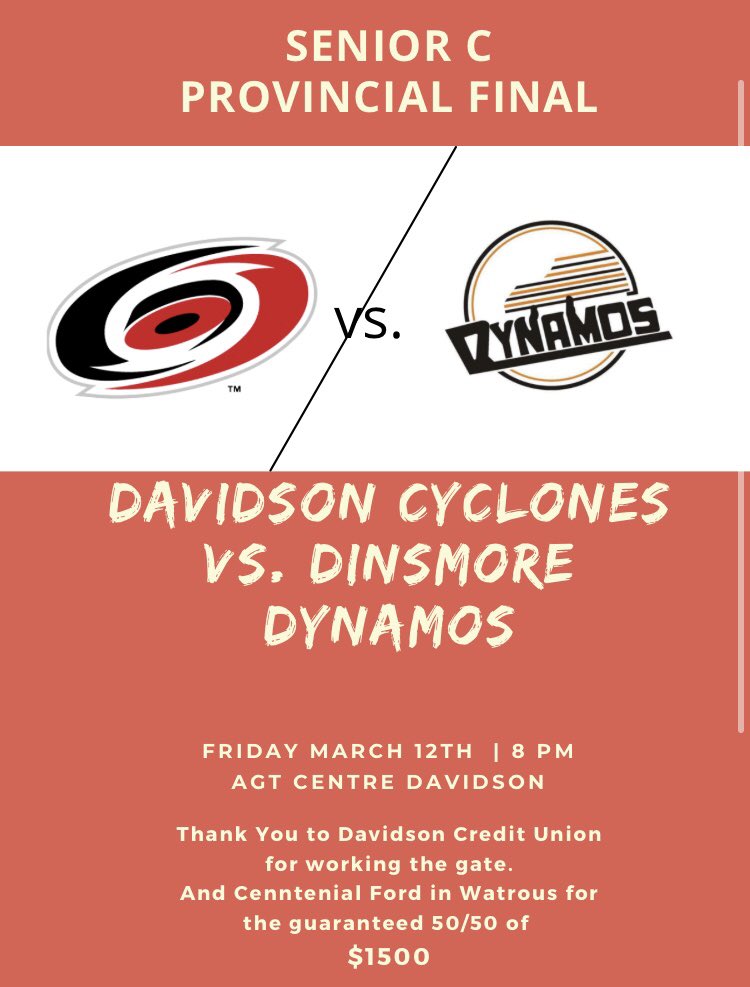 DCyclones's tweet photo. The provincial final dates have been set. 
Game 1- Saturday March 12th 8pm in Davidson 
Game 2- Friday March 18th 8pm in Dinsmore 
Game 3- Saturday March 19th 8pm in Davidson (if needed) 
Let’s pack both rinks!! It’s going to be one hell of a series. #goclones https://t.co/HwXTPdRj3v