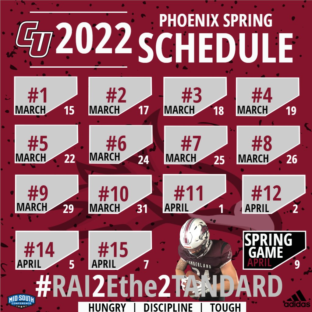 CumberlandFB's tweet photo. Spring Practice for the Phoenix is right around the corner! Here are the dates for the Spring of 2022! #RAI2Ethe2TANDARD #GATA #ATTACK #SpringBall
#CUFootball #RI23UP https://t.co/Gjv30SFhGa
