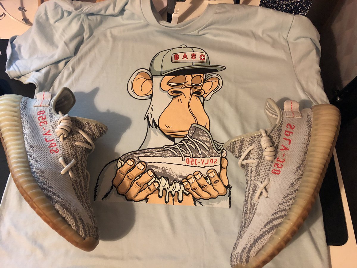 Jorbylive's tweet photo. **NOT OFFICIAL APPAREL**
Got the 👕.... got the 👟... now just need the 🦍! 

Anybody wanna trade!? 😂 

Thoughts @BoredApeYC 
#BAYC #MAYC https://t.co/O8pnpWKqWV