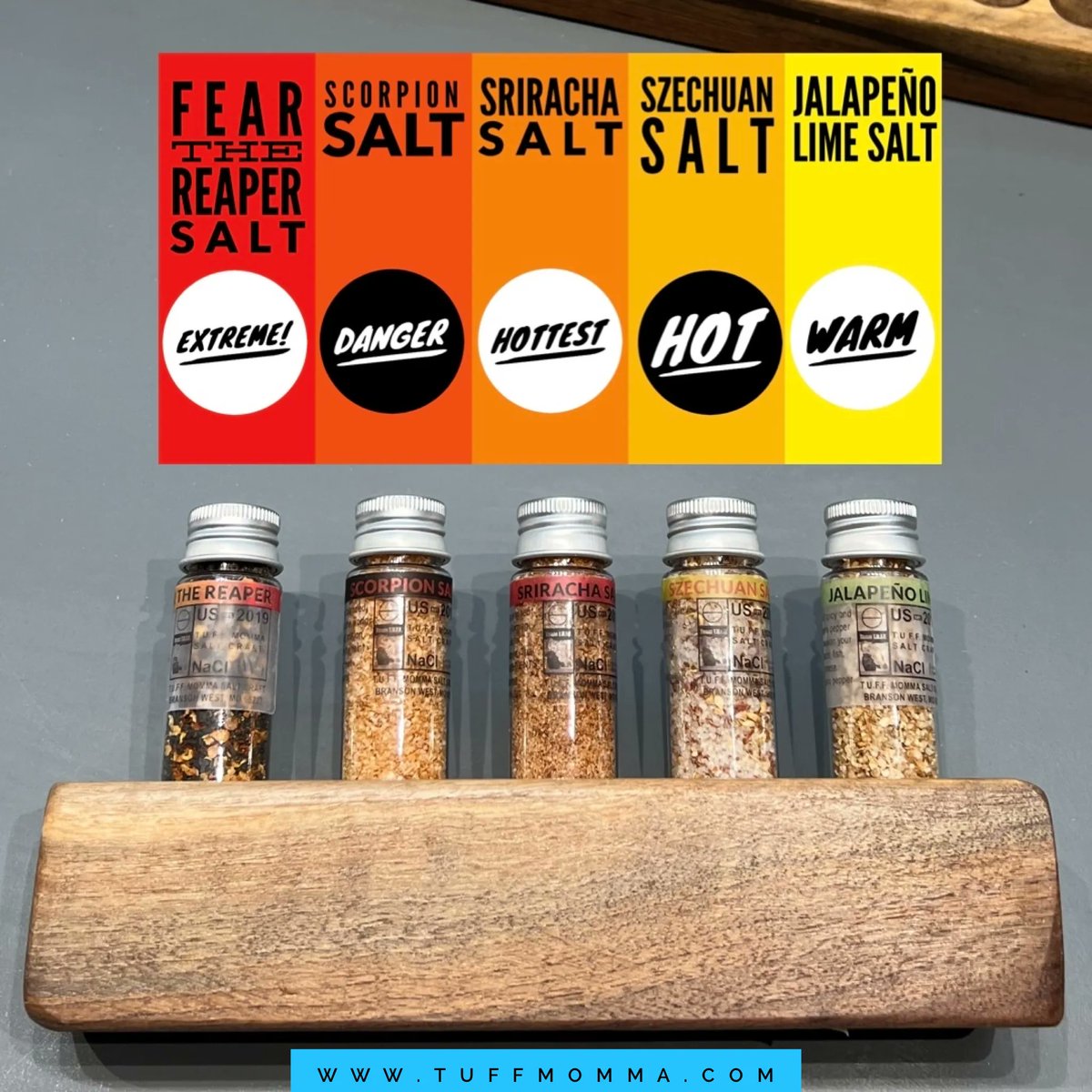 TUFFTeamate's tweet photo. Got a Pepper Head in your life? Test their spiciness with our Five Salt Inferno!
Jalapeño Lime = Warm
Szechuan Salt = Hot
Sriracha Salt = Hottest
Scorpion Salt = Danger
Fear the Reaper = Extreme! 

Order your gourmet salt kit here and get free shipping! https://t.co/x1Q40rasnH https://t.co/Zhh6UmweDm