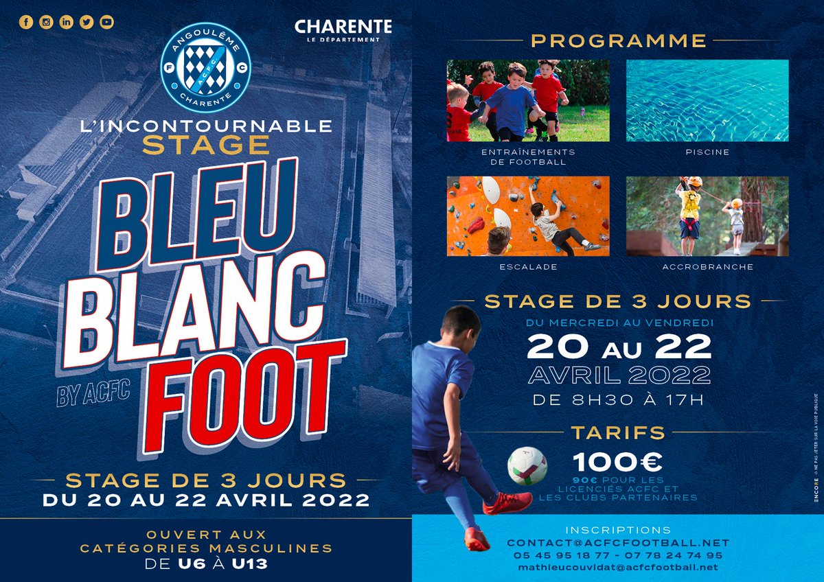 🛎 STAGE BLEU BLANC FOOT

IL EST DE RETOUR ! Les inscriptions pour le stage Bleu Blanc Foot du mois d'avril sont désormais ouvertes 😍

Foncez-vous inscrire ! On vous attend nombreux 🤩

#ACFCFORMATION #ACFC #Saison20212022 #BBF #BleuBlancFoot