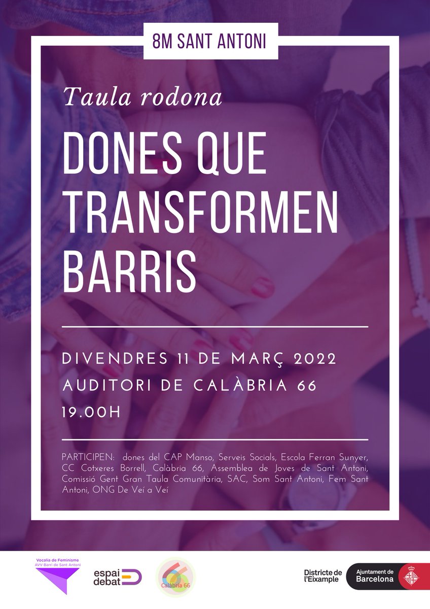 calabria_66's tweet photo. 🟣No et perdis la interessant #taularodona que tindrà lloc demà a l'Auditori de C66:"Dones que transformen barris". #Debat entre dones que es troben capdavant d'entitats del barri de Sant Antoni.
#feminime #8M2022 #8M
📆 Demà divendres 11, a les 19h
👉https://t.co/bmz66AZIBC https://t.co/yEIwVWHxBr