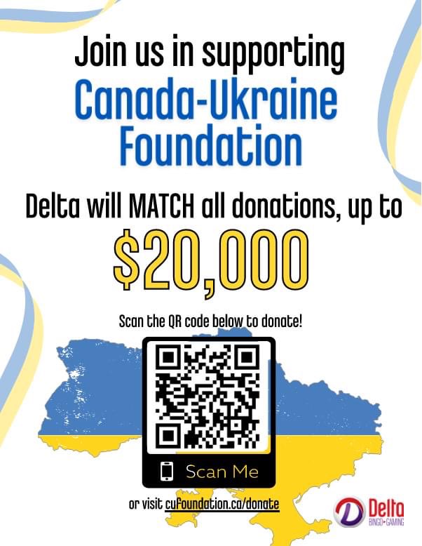 PtboConcertBand's tweet photo. Delta Bingo has supported us and many other organizations throughout this pandemic. Now, Delta Bingo and Gaming has mounted a fund raiser for the Canada-Ukraine Foundation. Your donation will be matched by Delta to help support families and internally displaced people in Ukraine. https://t.co/9MIjDhyOji