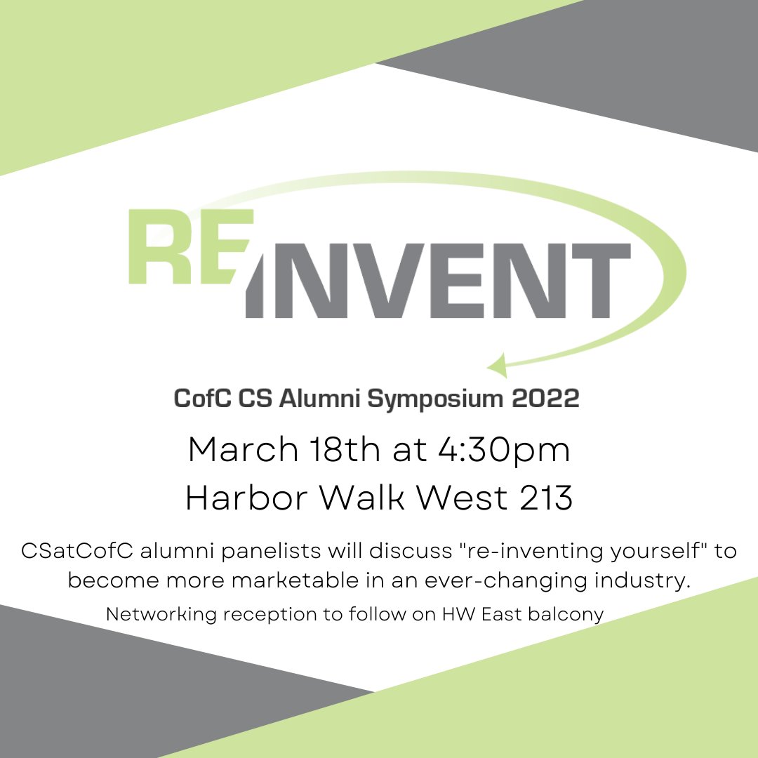 Join us on Friday March 18th for the annual Alumni Symposium at Harbor Walk! The panel of CSatCofC alumni will discuss "re-inventing yourself" in an ever-changing industry. Networking reception to follow on the balcony. @CofCSSM