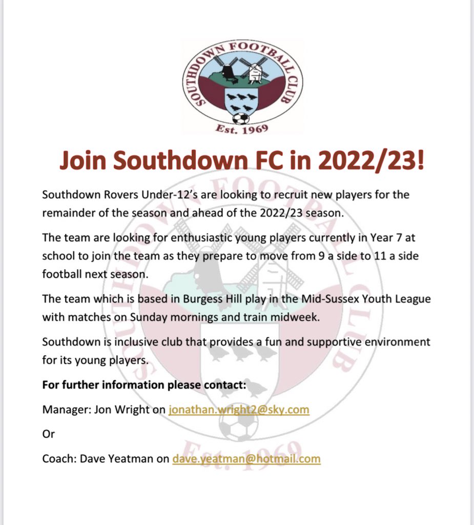 Our U12s team are looking to recruit players ahead of the move to 11 a side football next season. If you’re a local player in or around Burgess Hill get in touch <a href="/msymfl/">MidSussexYouthLeague</a> <a href="/BurgessHillTC/">Burgess Hill TC</a> <a href="/burgesshillnews/">BurgessHillUncovered</a> @FootballGrf