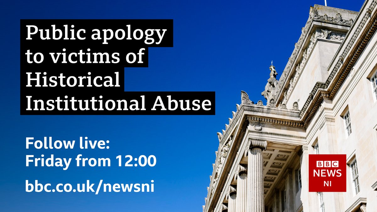 BBCNewsNI's tweet photo. A public apology will be offered in the Northern Ireland Assembly to survivors of historical institutional abuse on Friday. 
Join us for in-depth coverage, including a live stream of proceedings from Stormont, from 12:00 
https://t.co/KB0TsZqiTs https://t.co/aTJWuyxmC1