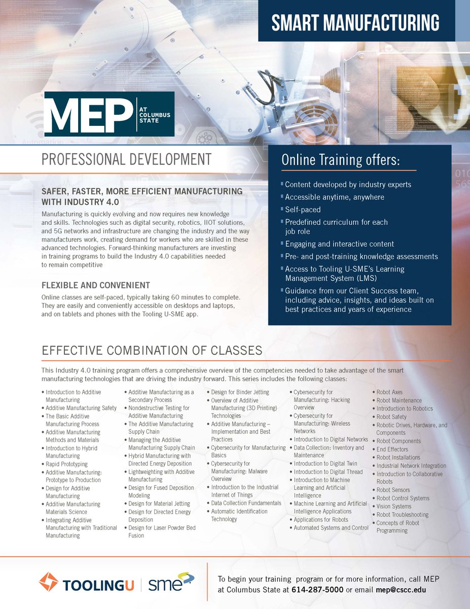 MEPatCSCC's tweet photo. NEW! Smart Manufacturing Training features a flexible curriculum focused on additive #manufacturing, the internet of things (IoT), robotics, or a combination of all three topics. Contact us at mep@cscc.edu or 614-287-5000 to register today!
#OhioMEP @ToolingU #upskill https://t.co/cO3mFZyOAH