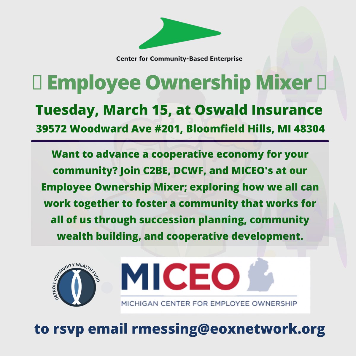 Want to get involved in our local, cooperative economy? Join C2BE, DCWF , and MICEO at our Employee Ownership Mixer, exploring accessible opportunities to advance a community that works for all of us!