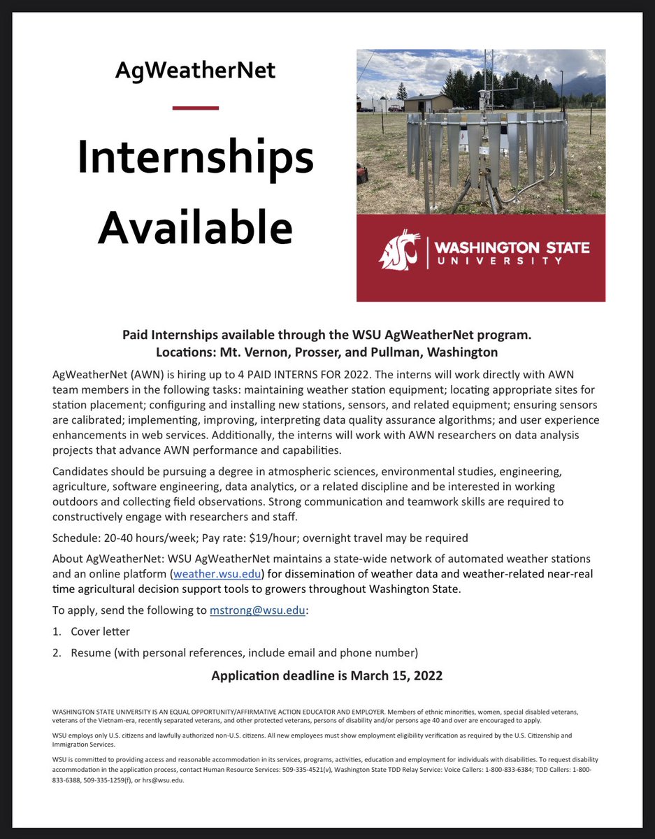 I thoroughly enjoyed my time at <a href="/AgWeatherNet/">AgWeatherNet</a> and highly recommend this intership to meteorology students and those in similar programs.

#wawx #orwx

weather.wsu.edu/?page=news2022…
