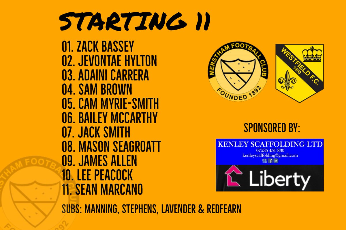 LINE UP |
Several changes from the Glebe game sees Smith, Marcano and Bassey (debut) come into the starting 11.  Also a place on the bench for 17-year old Will Manning #WeAreMerstham 🟠⚫️