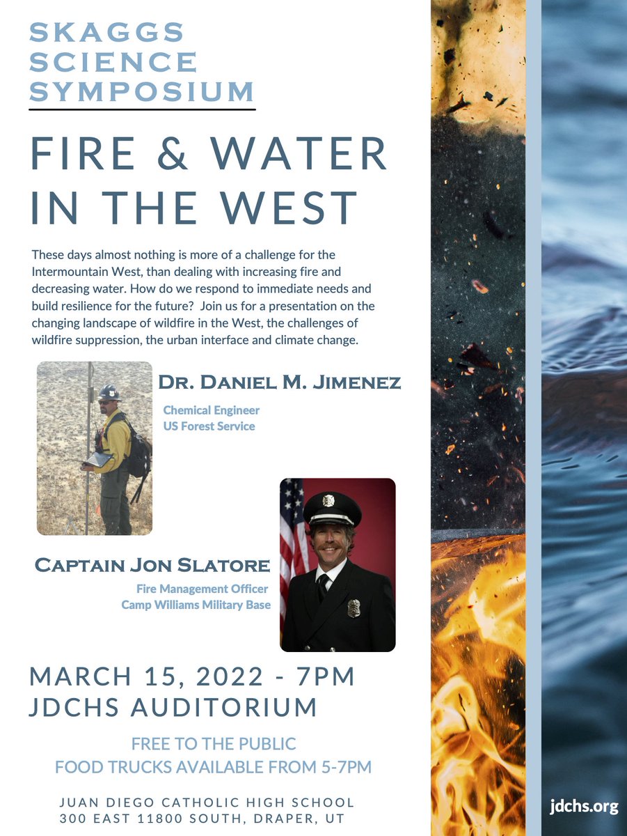 JDCHSAPES's tweet photo. @JDCHS is hosting a lecture series "Fire and Water in the West". First lecture event is Tuesday @ 7p, focusing on wildfire. Food trucks and poster session from 5-7p. @drapercity @UtahRivers @CCLsaltlake @TreeUtah  @NWSSaltLakeCity https://t.co/NLMQdgmDLs
