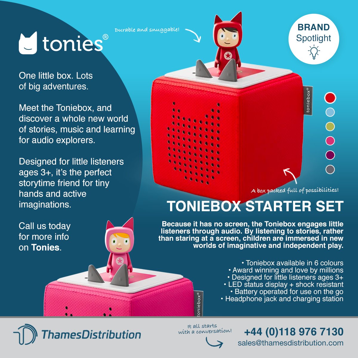 thamesdisti's tweet photo. One little box. Countless big adventures.

Meet the Toniebox and discover a whole world of stories, music and learning. Designed for little listeners ages 3+, it’s the perfect storytime companion for tiny hands and active imaginations.

Available now from https://t.co/3TrwfuoLOP https://t.co/zF0v7G5wZ7