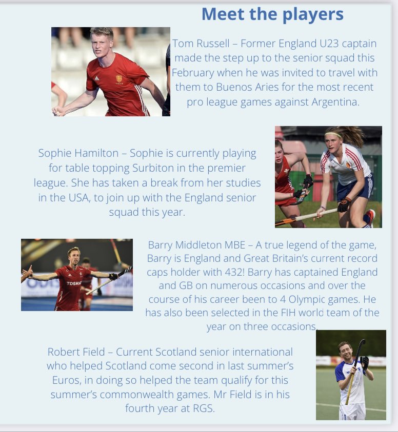 Meet the players for the <a href="/HockeyRGS/">RGS Hockey</a> International Exhibition Match at RGS Hartswood Playing Fields Friday 11 March.