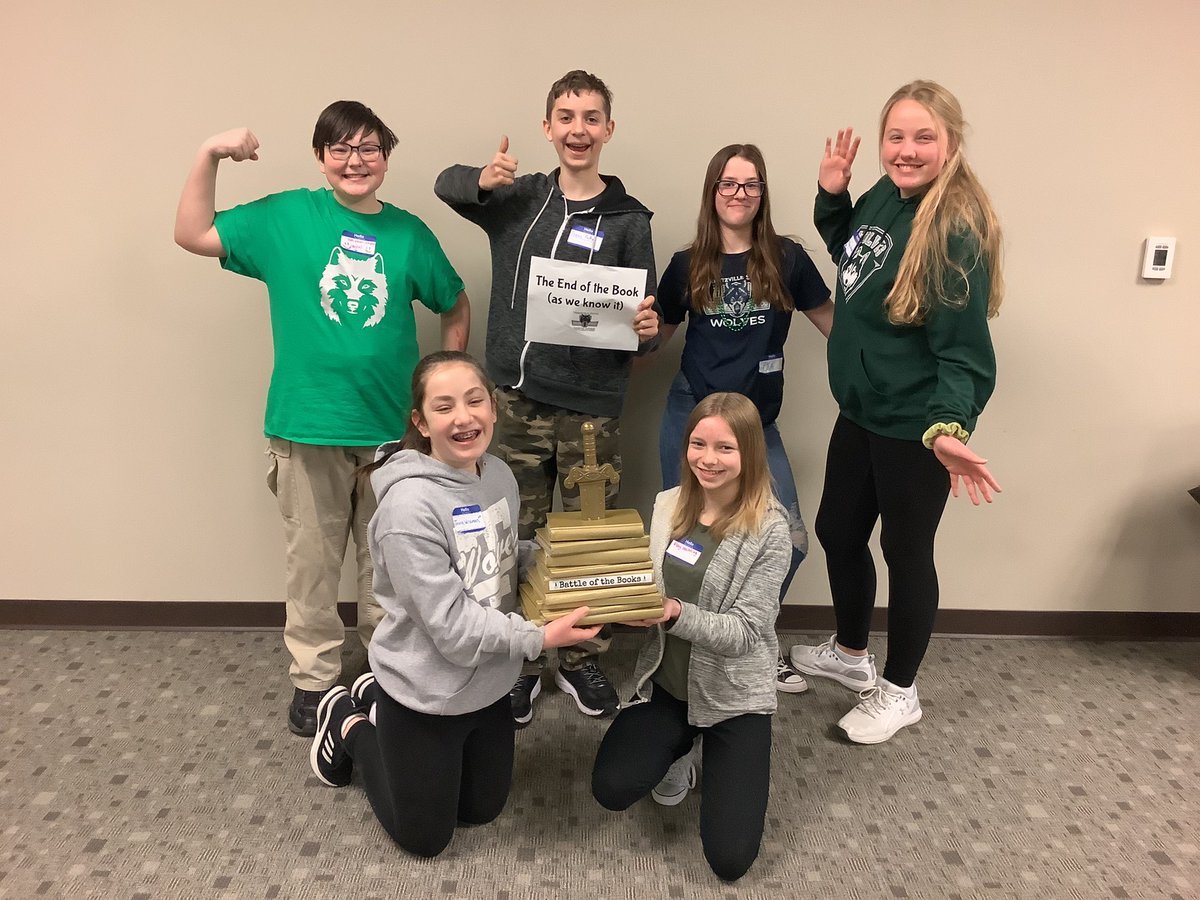librarywsms's tweet photo. Our book battle team, “the end of the book (as we know it)”, won the Truman Book Battle. We beat teams from four other middle schools! @WSMSwolves https://t.co/2HLezRkJC4