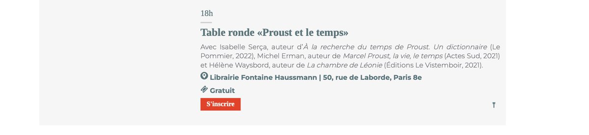 3/3 #Proust 12 mars #LibrairieFontaineHaussman  
#FestivalProustPlaineMonceau2
18h @ #LibrairieFontaineHaussmann 
Table ronde «Proust et le temps»
Avec Isabelle Serça, Michel Erman, et Hélène Waysbord

Programme: hotelslitteraires.fr/wp-content/upl…