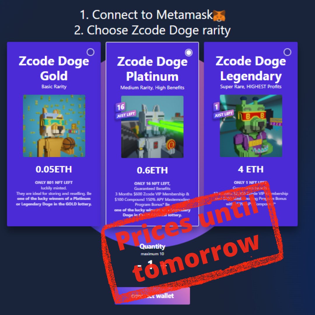 Thank you very much! 🙏🙂

The reception of our NFTs makes us proud. However, as we have been saying, tomorrow their sale prices will double. 🧭

Buy now at presale prices, by entering the link: zcode.ai/zdoge8117968
