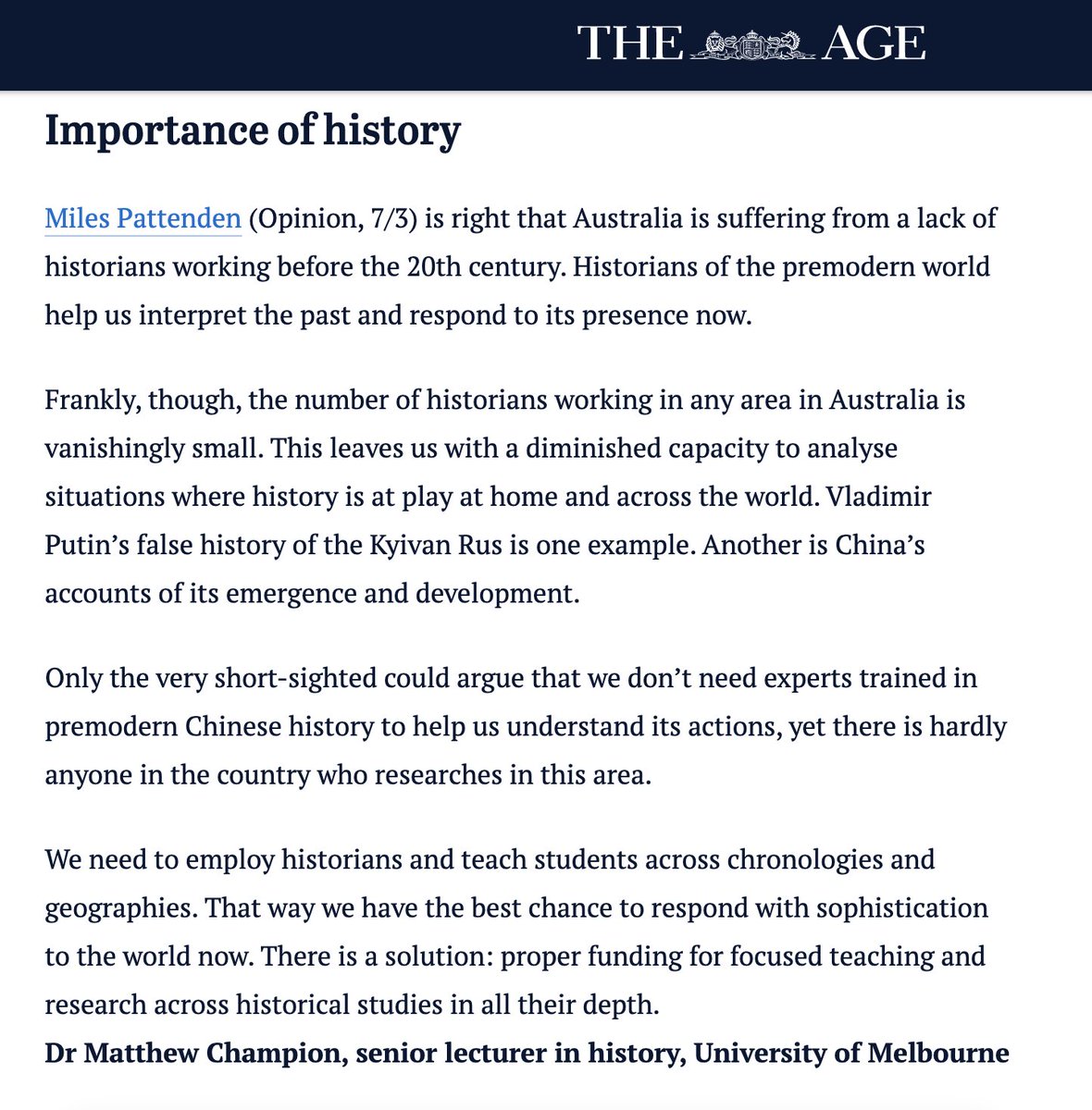 My former <a href="/IRCI_ACU/">IRCI_ACU</a> colleague Matthew Champion has a letter in today’s <a href="/theage/">The Age</a> supporting my column from Monday: theage.com.au/world/europe/w…