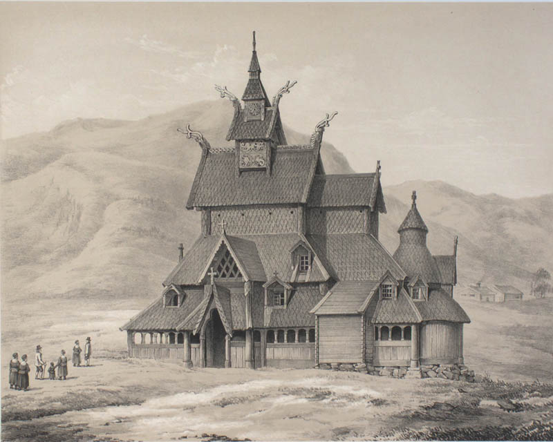 Es posible que algunas stavkirker se construyesen sobre antiguos lugares de culto paganos, aprovechando su importancia y reutilizando materiales. La influencia del folklore y el mundo pagano es incuestionable.Stavkirke de Borgund en 1848 por Christian Tønsberg.