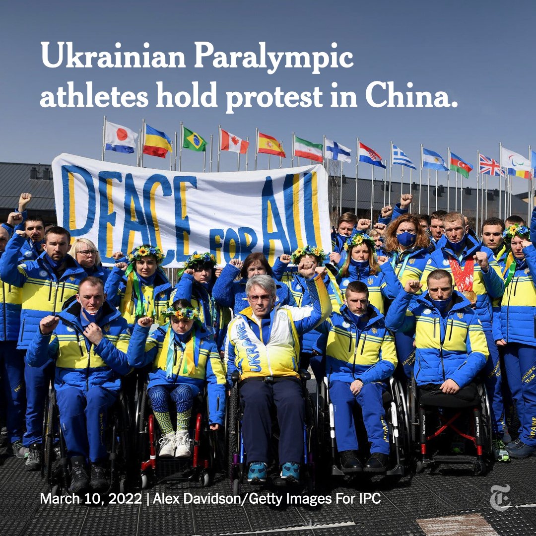 nytimes's tweet photo. The Ukrainian delegation at the Winter Paralympic Games in China held a demonstration for peace at the athletes’ village on Thursday. The group unfurled a banner appealing for peace and observed a minute of silence in response to Russia’s invasion. https://t.co/KxtlSb9hrg https://t.co/JWyelrZcwb