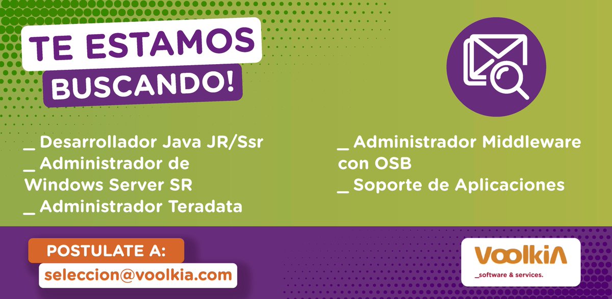 TrabajoenIT's tweet image. 🙋♀️Buenas tardes Red! 
A continuación les dejemos nuestras búsquedas destacadas de la semana:
📩Enviá tu CV a seleccion@voolkia.com 
¡Sumate a nuestro equipo! 🙌
#java #javajr #administradorWindows #Middleware #soporte #administradorteradata