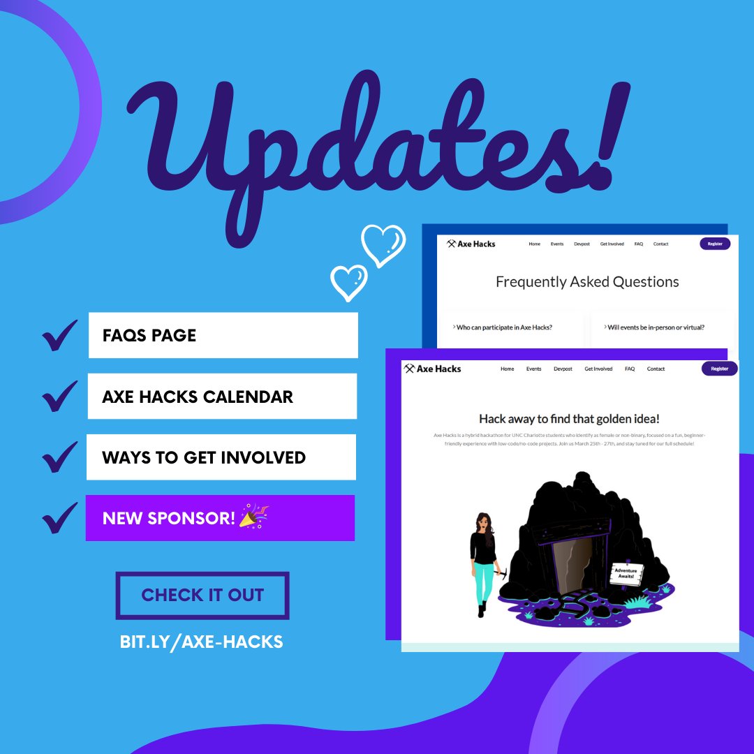 axe_hacks's tweet image. Exciting website updates!✨
We have added the following:
💎 FAQs Page 
💎 Axe Hacks Calendar
💎 Ways to Get Involved
💎 New Sponsor! 
Read more: linkedin.com/posts/axe-hack…
#AxeHacks #Hackathon #Website #Updates #CheckItOut #GirlsWhoCode #ACMW