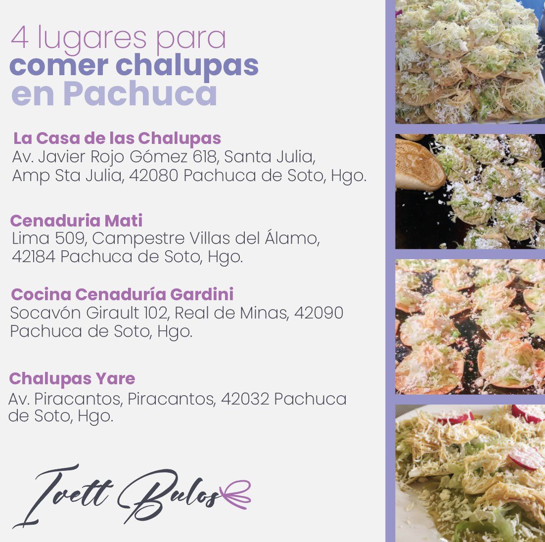 IvettBulos's tweet photo. Hoy te comparto 4 lugares para que deleites tu paladar con unas deliciosas chalupas hidalguenses.

¿Cuál es tu lugar favorito?

.
.
.

#AlianzaTurísticadeHidalgo #ImperdiblesHidalgo #TurismoHidalgo #Gastronomía #Chalupas https://t.co/ehpzlXTWQb