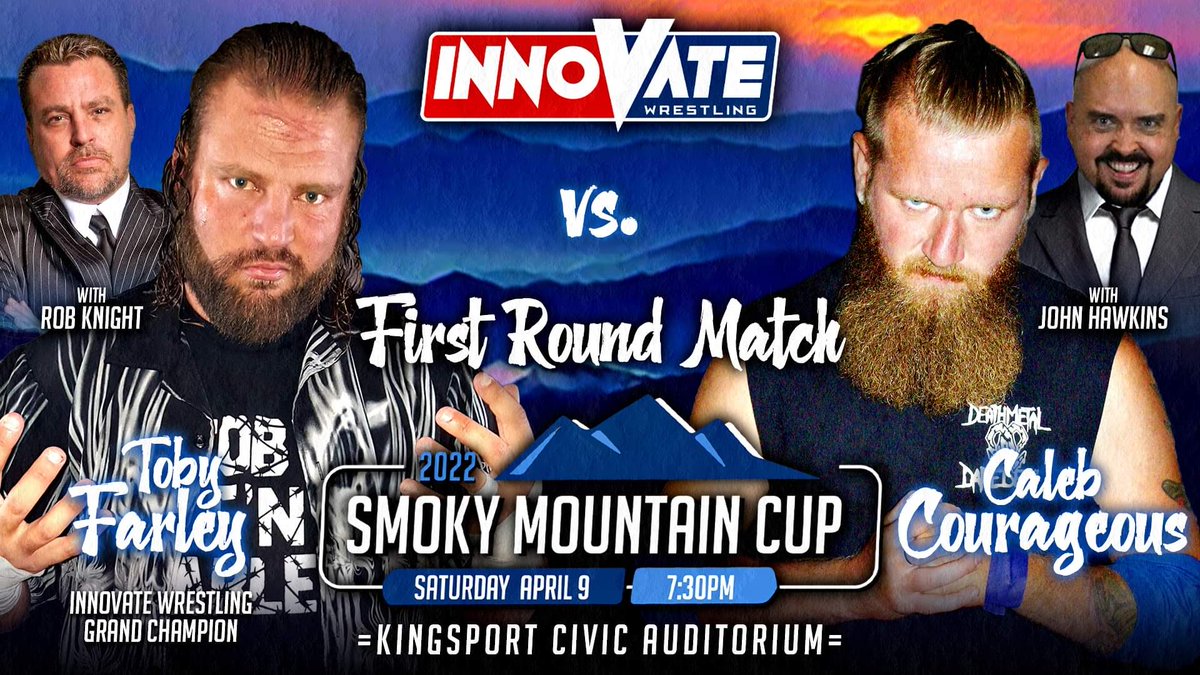 Innovate Grand Champion Toby Farley faces off with long time rival Caleb Courageous in the 1st Round of the Innovate Wrestling Smoky Mountain Cup 2022 on Saturday, April 9 at the Kingsport Civic Auditorium.

Tickets - smokymtcup22.eventbrite.com