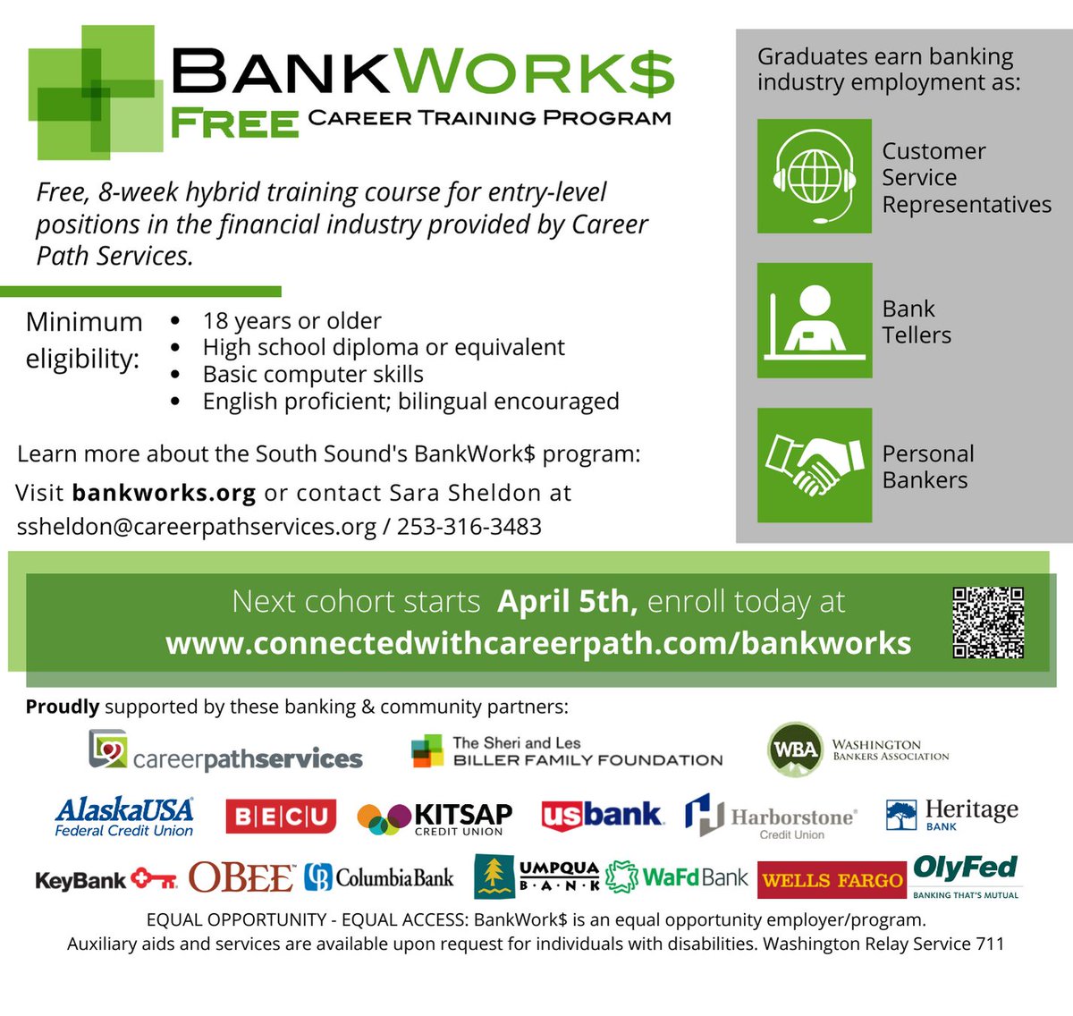 careerpathserv's tweet photo. Pierce County, we are offering a FREE 8-week training course for entry-level positions in the financial industry.
Visit https://t.co/ZD2YBE5Ewp to apply. Classes begin April 5, 2022.
#BankWork$ #freetraining #careersinfinance https://t.co/NFBp7mZTxF