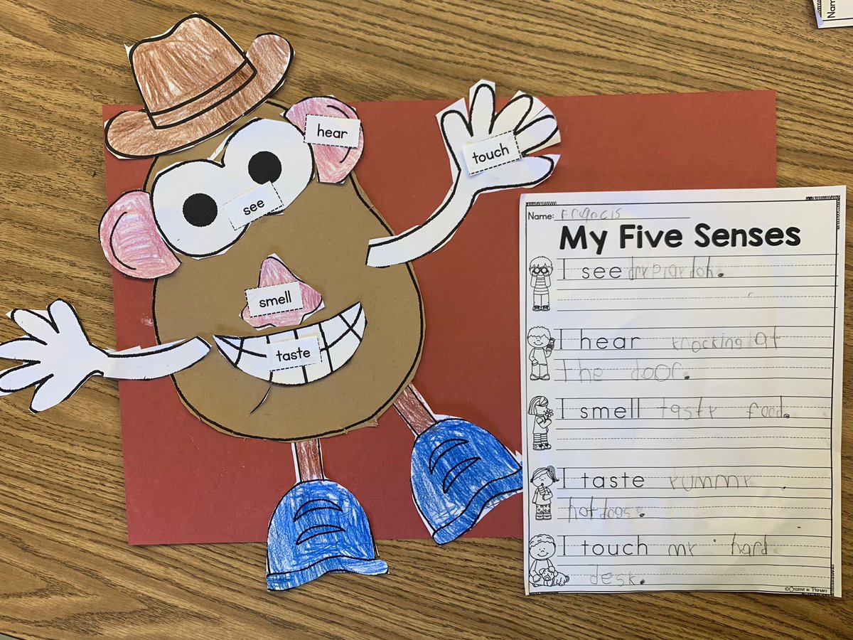 AlisonGibbons01's tweet photo. This week we learned about our 5 senses and including adjectives in our writing to make our sentences more descriptive.  Check out some of our Potato Heads &amp; sentences that we made today! @A4Hughes @missniss312 #chdreambuilders https://t.co/48hbSGq4RP