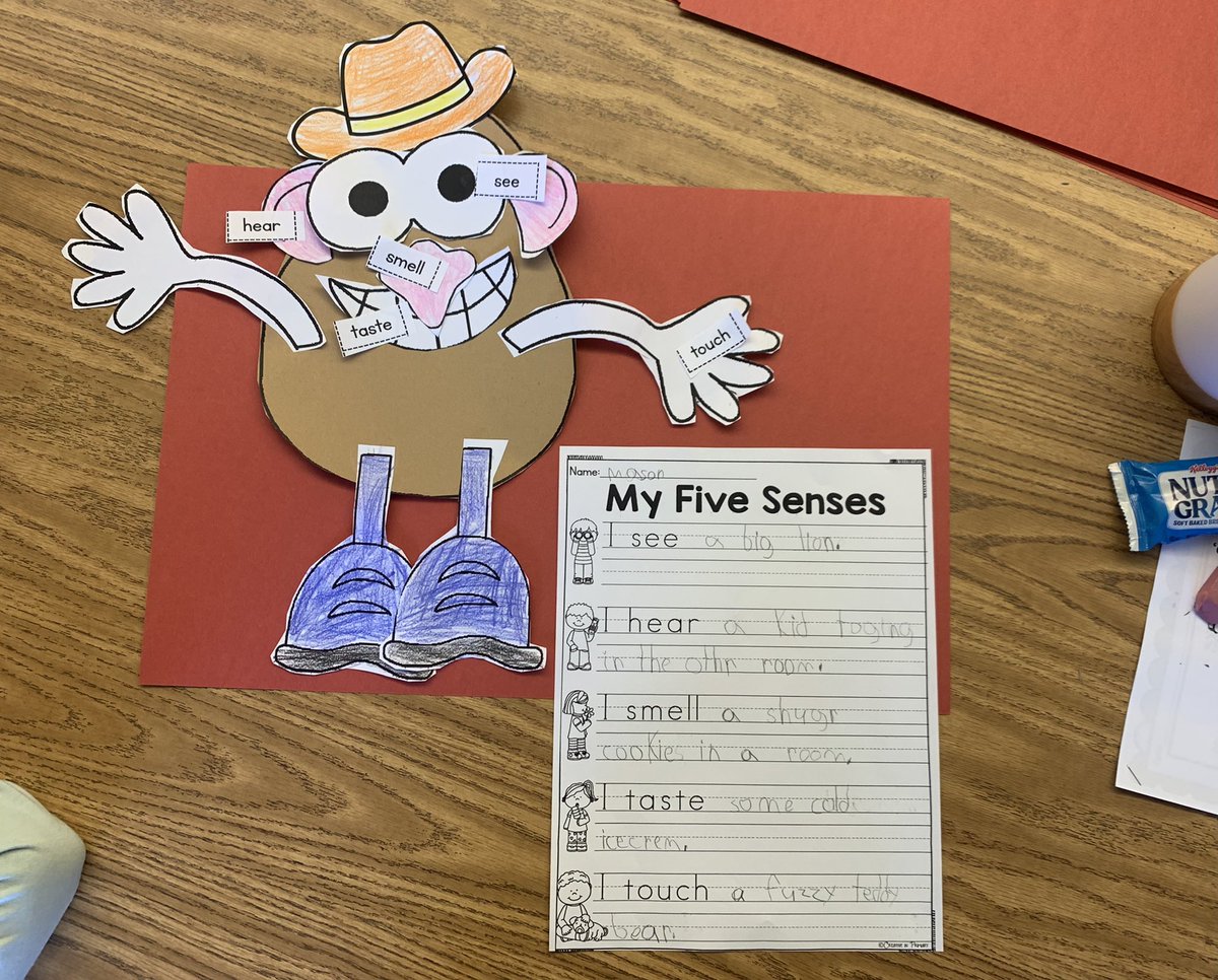 AlisonGibbons01's tweet photo. This week we learned about our 5 senses and including adjectives in our writing to make our sentences more descriptive.  Check out some of our Potato Heads &amp; sentences that we made today! @A4Hughes @missniss312 #chdreambuilders https://t.co/48hbSGq4RP