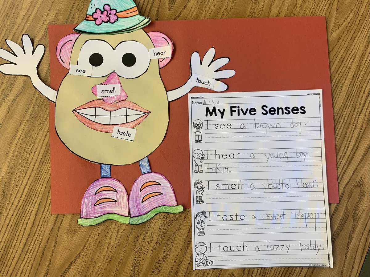 AlisonGibbons01's tweet photo. This week we learned about our 5 senses and including adjectives in our writing to make our sentences more descriptive.  Check out some of our Potato Heads &amp; sentences that we made today! @A4Hughes @missniss312 #chdreambuilders https://t.co/48hbSGq4RP