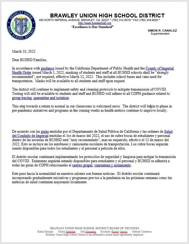 This letter is being emailed to parents in our district.  Thank you for your patience and support as we continue to follow guidelines and keep safety and student learning our focus. <a href="/BrawleyUnionHS/">Brawley Union HS</a> <a href="/DesertValleyHS/">Desert Valley HS</a>