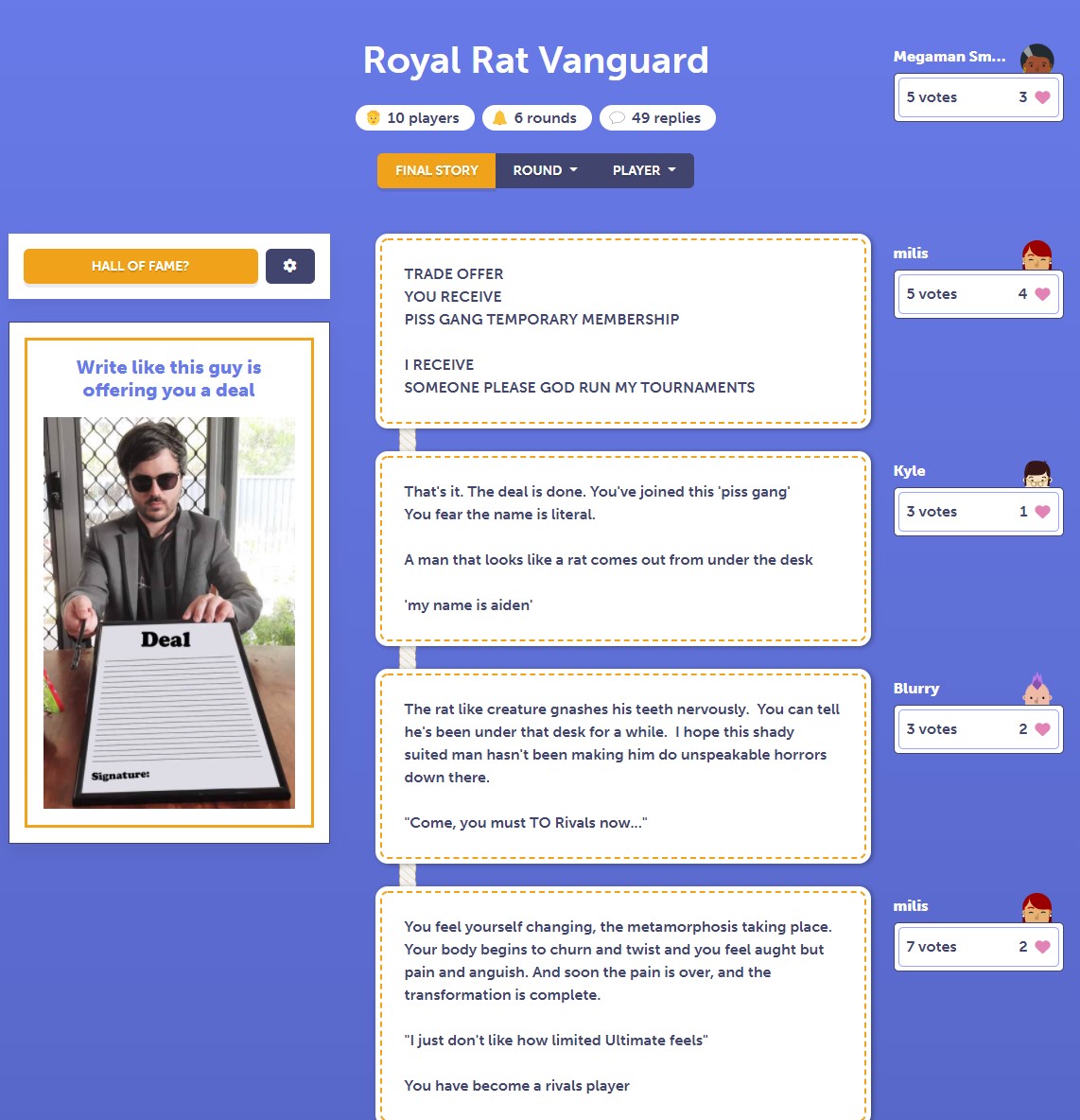 Frankenstories is an online multiplayer creative writing game.

frankenstories.writelike.org

Read, write and vote together to build a story.

Play with any number of friends, join a regular public free-for-all, or even practise writing on your own. 
 
#writing #games #indiegames