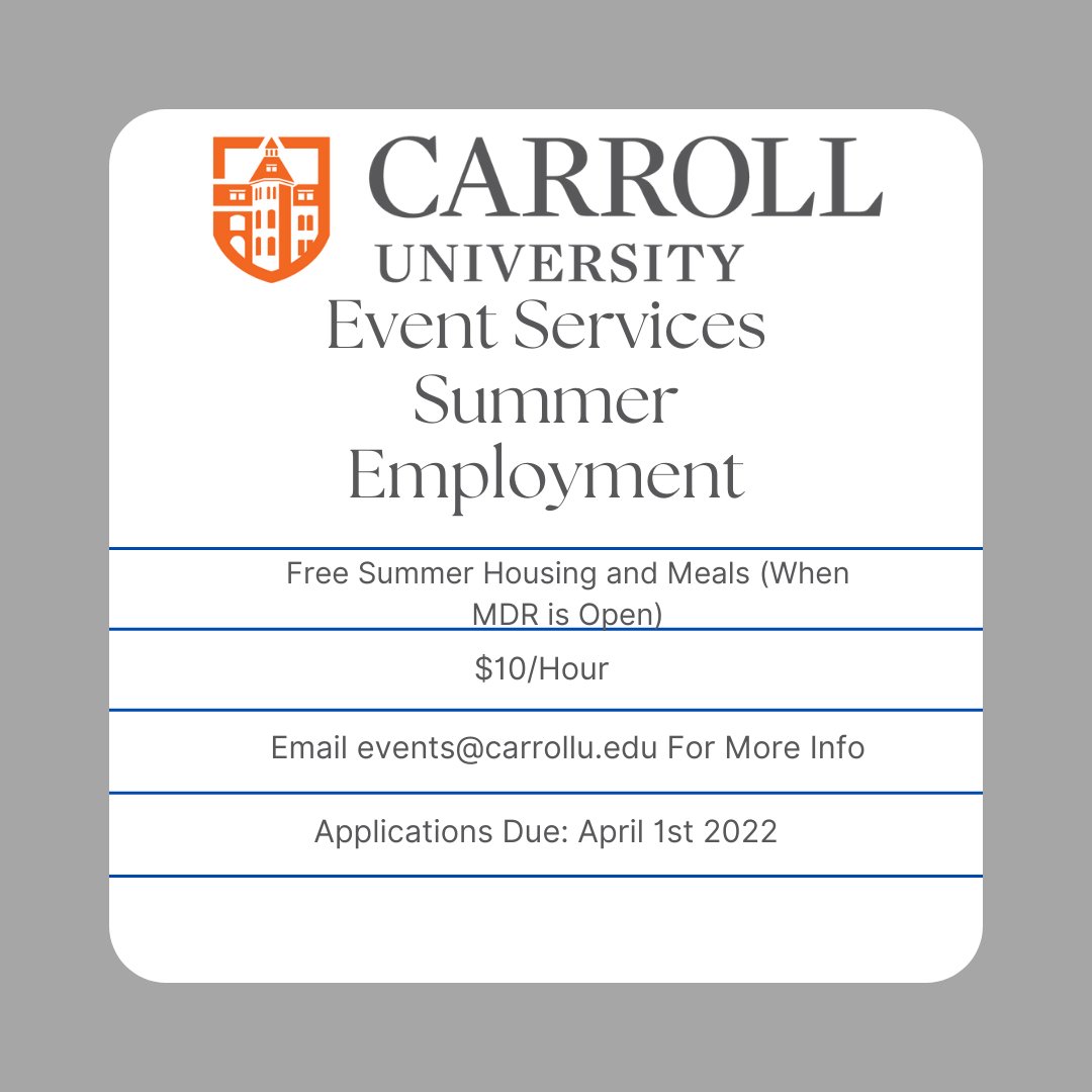 CarrolluEvents (@carrolluevents) on Twitter photo In case you missed it on our Instagram, we are still looking for applicants for Summer Employment! Reach out to events@carrollu.edu with any questions. In case you missed it on our Instagram, we are still looking for applicants for Summer Employment! Reach out to events@carrollu.edu with any questions.