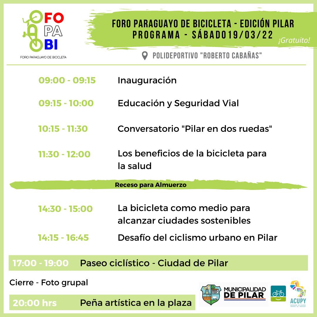 Se vieeeeneeee 😱🚴‍♀️🚵‍♀️🚲📍

Anota, prepará tus dos ruedas y vamos al sur 🙌🏽🤩

FOPABI Edición Pilar, de la mano de la <a href="/MuniPilarPy/">Municipalidad de Pilar</a> y <a href="/ACUPYpy/">ACUPY</a> 

🗓 19/03/22
📍 Polideportivo Roberto Cabañas