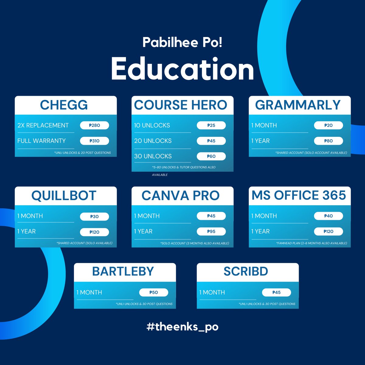 pabillhee's tweet photo. @HEES10NG @pabilhee_po ◣ PABILHEE SERVICES — PRICELIST (03/11/22)  ◥

*Not the complete pricelist as well as the subscription plans we offer.

DM us and we'll send you the full details.

💳 GCASH &amp; PayPal
✅ #theenks_po - feedbacks
💌 HEES10NG (TG) - fast response
🔍 https://t.co/zKIcUBziLg https://t.co/odayg5B9mE