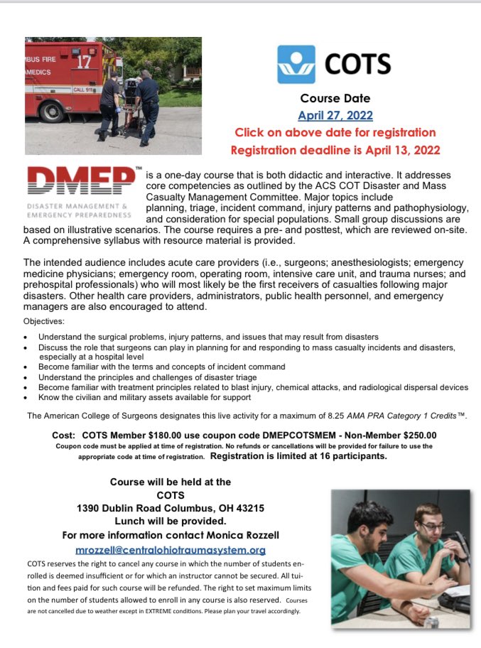 COTS is hosting a Disaster Management &amp; Emergency Preparedness (DMEP) course on April 27, 2022.  For more info or to register visit bit.ly/3CFDqoj 

#DMEP