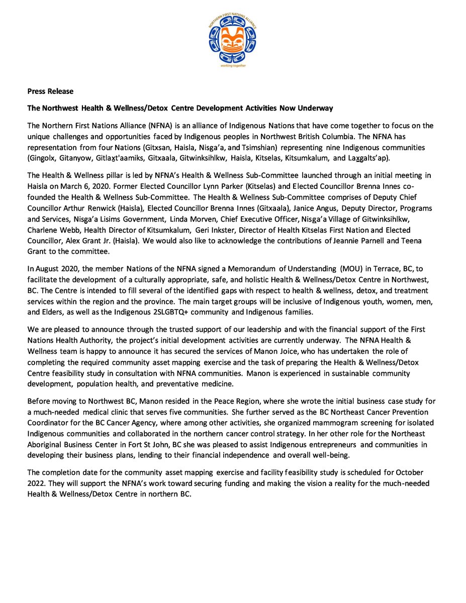 NLGNisgaaNation's tweet photo. The Northwest Health &amp; Wellness/Detox Centre Development Activities Now Underway, Press Release here:

https://t.co/3R7TkqEm2K

#health #wellness #development #northwestbc #NFNA #Gitxsan #Haisla #Nisgaa #Tsimshian https://t.co/4FtJL1ERkf