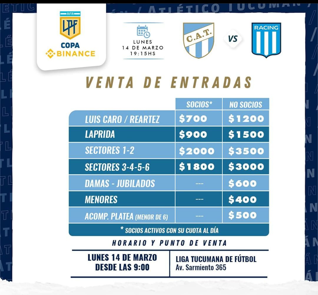AtSomosTodos's tweet photo. [ VENTA DE ENTRADAS] 

VOLVEMOS AL MONUMENTAL!! 💙🙌🏻

Aquí le dejamos el precio de las entradas para socios y no socios.. 

#AtleticoTucuman #CopaBinance https://t.co/5p72pcdswb