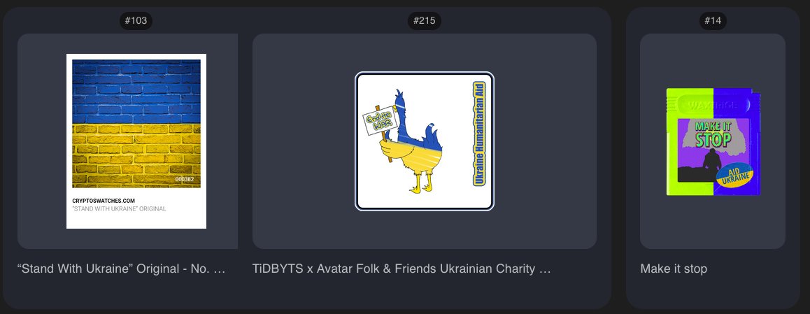 <a href="/neftyblocks/">NeftyBlocks</a> <a href="/Ukraine/">Ukraine / Україна</a> <a href="/AvatarFolkNFTs/">Ａｖａｔａｒ Ｆｏｌｋ</a> <a href="/RedCrossUkraine/">Ukrainian Red Cross</a> Pretty sweet! So happy we could be part of this! #NFT4good #Ukraine