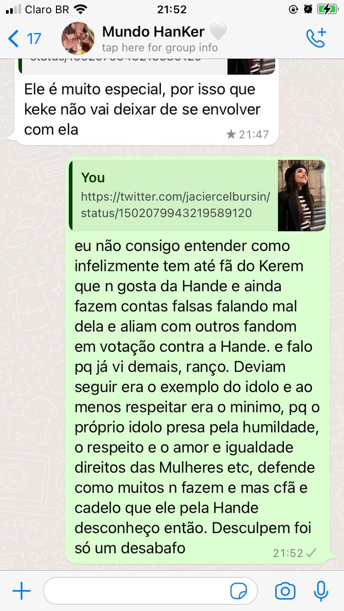 Eu desabafando nos grupos sorte q n tive aula, e mesmo se tivesse estaria aqui p apoiar meus favs sempre, e é isto nunca vou entender quem não ama a serumaninha incrível e mega talentosa que é #HandeErçel o mínimo que deveriam eram respeita-la ela merece todo amor desse universo.
